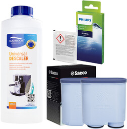 Zestaw Philips Saeco - Filtr Philips Aquaclean CA6903 2szt, Uniwersalny Odkamieniacz 500ml, Philips CA6705/10 Środek do Obiegu Mleka