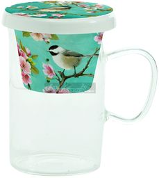 SZKLANY KUBEK z PORCELANOWYM ZAPARZACZEM I POKRYWKĄ Blossom - Ptaszek na gałązce (352 BLOS)