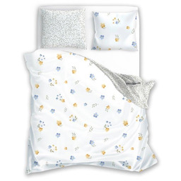 Pościel bawełniana biała w żółte i niebieskie kwiaty PER-177