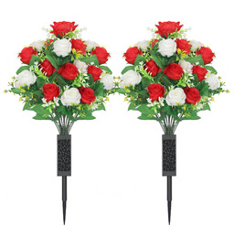 Lodou 2 zestawy sztucznych kwiatów cmentarnych, sztuczne kwiaty cmentarne z wazonem, kwiaty pamiątkowe, sztuczne róże, bukiet róż, cmentarz, kwiaty do dekoracji nagrobków cmentarnych (czerwone i białe