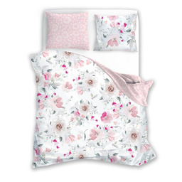 Faro Pościel satynowa 140x200 Milagro Verde 003 biała różowa kwiaty z jedną poszewką