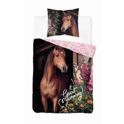 Detexpol Pościel bawełniana 160x200 cm z koniem i kwiatowym tłem DreamStyle wzór 5580 A