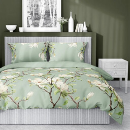 Pościel z satyny bawełnianej zielona w białe kwiaty SJB-664