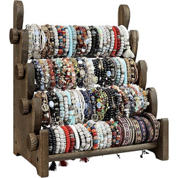 TOPNEW 4-poziomowy drewniany uchwyt na bransoletkę, bransoletka zegarek naszyjnik ekspozycyjny przechowywanie biżuterii stojak stojak organizer ekspozycyjny, brązowy