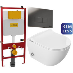 Miska WC z funkcją bidetu Rimless 51x36x32,5 cm i z baterią ciepła zimna /woda +deska duroplastslim soft close , biała + Stelaż profesjonalny podtynkowy 110x54x16 cm z przyciskiem czarny MEGA