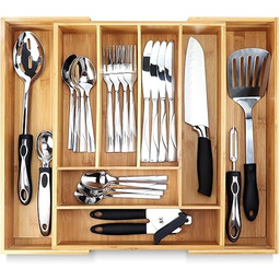 Pristine Bamboo Taca na sztućce do organizera szuflad, organizer do szuflad kuchennych, organizer na sztućce w szufladzie, uchwyt na sztućce, uchwyt na sztućce, rozszerzalne regulowane drewniane