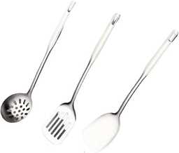 PARENCE.- Zestaw 3 stalowych przyborów kuchennych/Solidna łopatka/Łopatka rowkowana/Łyżka z durszlakiem. - Zestaw narzędzi kuchennych - Stal nierdzewna/klasa profesjonalna