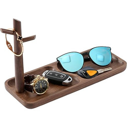 CYQGDKF Taca na klucze z drewna orzechowego na stół wejściowy, taca na biżuterię, taca Catchall z 3 stojakami wiszącymi organizerami, na pierścionki, telefon, bransoletki, zegarki