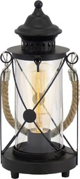 Lampa stołowa EGLO BRADFORD, 1-ogniskowa lampa stołowa vintage, latarnia, lampka nocna wykonana ze stali, kolor: czarny, szkło: przezroczyste, oprawka: E27, wraz z przełącznikiem.