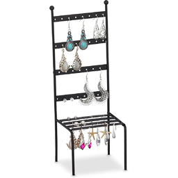 Relaxdays Wieszak na Kolczyki, Żelazo, Krzesło, 56-64 Otwory, Stojak na Biżuterię (Wys. x Szer. x Gł.): 27 x 10 x 9 cm, Czarny, 1 Sztuka