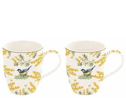 KUBKI PORCELANOWE Sikorka i gałązki mimozy KOMPLET 2 SZT.