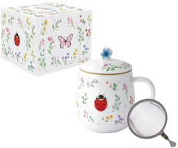 KUBEK PORCELANOWY z ZAPARZACZEM Fantazyjny Ogród BIEDRONKA