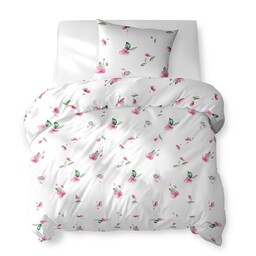 Detexpol Pościel bawełniana 140x200 biała w różowe kwiaty z zielonymi liśćmi 5769 A Cotton Bloom