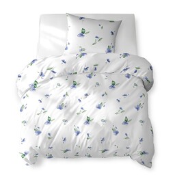 Detexpol Pościel bawełniana 140x200 biała w niebieskie kwiaty z zielonymi liśćmi 5769 B Cotton Bloom