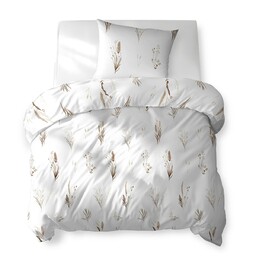Detexpol Pościel bawełniana 140x200 biała w trawy i kłosy brązowo-beżowe 5771 B Cotton Bloom
