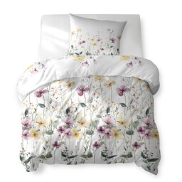Detexpol Pościel bawełniana 140x200 biała w polne kwiaty żółto-fioletowe 5773 A Cotton Bloom
