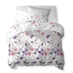 Detexpol Pościel bawełniana 140x200 biała w polne kwiaty różowo-fioletowe 5773 B Cotton Bloom
