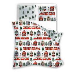 Faro Pościel świąteczna bawełniana 140x200 wzór 075 biała z motywem świątecznych domków, choinek, bałwanków i czerwonych pociągów SCANDIC