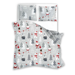 Faro Pościel świąteczna bawełniana 140x200 wzór 079 szara z Mikołajami, bałwankami, misiami polarnymi i choinkami SCANDIC