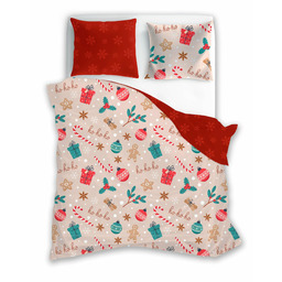 Faro Pościel świąteczna bawełniana 140x200 wzór 082 dwustronna beżowo-czerwona z pierniczkami, prezentami, laskami cukrowymi i napisem ho-ho-ho SCANDIC