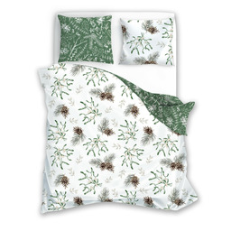 Faro Pościel świąteczna bawełniana 140x200 wzór 083 dwustronna biała i zielona z szyszkami, gałązkami sosny i jemiołą SCANDIC