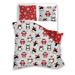 Faro Pościel świąteczna bawełniana 160x200 wzór 076 dwustronna szaro-czerwona z pingwinami w zimowych ubrankach i śnieżynkami SCANDIC