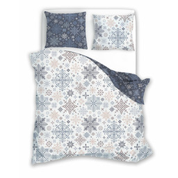 Faro Pościel świąteczna bawełniana 160x200 wzór 077 dwustronna biała i granatowa w śnieżynki i płatki śniegu SCANDIC