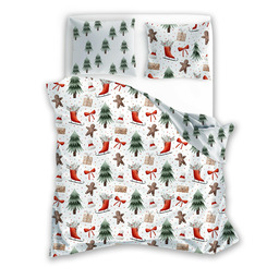 Faro Pościel świąteczna bawełniana 160x200 wzór 078 biała z choinkami, pierniczkami, prezentami, saniami i świątecznymi ozdobami SCANDIC
