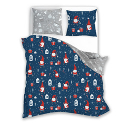 Faro Pościel świąteczna bawełniana 160x200 wzór 081 dwustronna granatowo-szara ze skrzatami, prezentami i choinkami SCANDIC