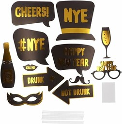 Folat 63762 Photobooth akcesoria - BlackGold HNY-12 sztuk Sylwester dekoracja, impreza noworoczna, dekoracja sylwestrowa, szczęśliwego Nowego Roku, wielokolorowe