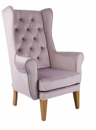 Fotel Uszak Chesterfield fioletowy, wygodny, miękki, tapicerowany, z pikowaniem, do salonu, do kawiarni, klasyczny