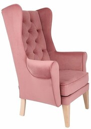 Fotel Uszak Chesterfield różowy, wygodny, miękki, tapicerowany, z pikowaniem, do salonu, do kawiarni, klasyczny