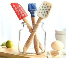 Zestaw 3 silikonowych szpatułek do masła o jakości dostosowanej do kontaktu z żywnością, Vinnar, szpatułka, do gotowania, do ciasta, narzędzie do pieczenia z uroczym wzorem, drewniany uchwyt (duży)