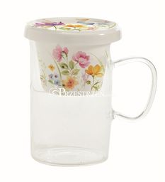 SZKLANY KUBEK Z PORCELANOWYM ZAPARZACZEM I POKRYWKĄ Polne Kwiaty (352 FLDC)
