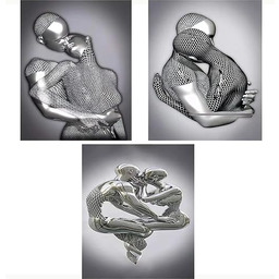 ZMURED Sztuka ścienna 3D, sztuka, dekoracja, figura, statuetka, sztuka nowoczesna, obraz na płótnie, duża sztuka ścienna do łazienki, sypialni, dekoracja (3 szt., przytulanie pocałunek)