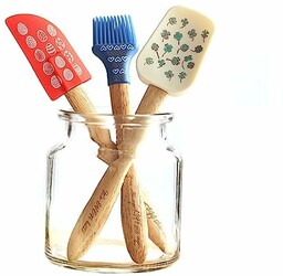 VINNAR Zestaw 3 szpatułek silikonowych o jakości spożywczej, szpatułka silikonowa, szpatułka do masła, narzędzie do pieczenia, z uroczym wzorem z drewnianym uchwytem (mała)