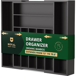 ROYAL CRAFT WOOD Luksusowy bambusowy organizer do szuflad kuchennych, organizer na sztućce, uchwyt na sztućce i taca na sztućce z rowkowanymi przegrodami do szuflad, na sztućce i przybory kuchenne,