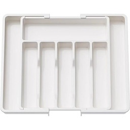 HIYAA Wysuwana taca na przybory do szuflad, stojak na sztućce, organizer do szuflady kuchennej, plastikowy stojak do przechowywania sztućców, łyżek, widelców itp., biały