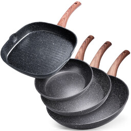 Zestaw patelni granitowy 20 / 24 / 28 cm + Patelnia do grillowania 28x28 cm BLACK&WOOD 4 szt.