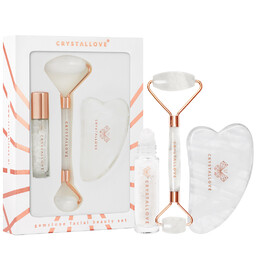 CRYSTALLOVE Clear Quartz Beauty Set Zestaw roller do masażu twarzy + płytka gua sha + buteleczka roll-on