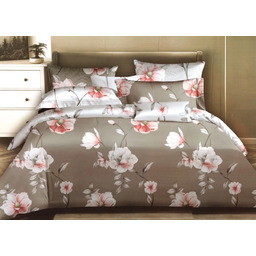 Pościel z satyny bawełnianej dwustronna szaro-biała z nadrukiem w białe i różowe kwiaty SBA-123