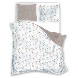 Pościel bawełniana biała w niebieskie i beżowe kwiatki PER-172