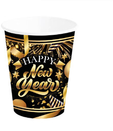 Kubeczki papierowe na Sylwestra Happy New Year czarne - 240 ml - 6 szt.