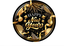 Talerzyki papierowe na Sylwestra Nowy Rok Happy New Year czarne - 23 cm - 6 szt.
