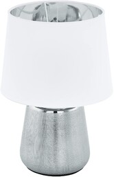 EGLO lampa stołowa Manalba 1, tekstylna lampka nocna z ceramiki w kolorze srebrnym i abażurem z tkaniny w kolorze białym i srebrnym, oświetlenie stołowe do salonu lub do sypialni E27