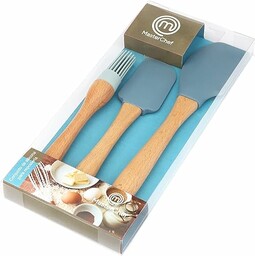 Masterchef Junior zestaw 3 przyborów kuchennych - Drewniane i silikonowe głowy w kolorze niebieskim - zawiera dużą łopatkę, średnią łopatkę i pędzel - otwór w uchwycie do zawieszenia