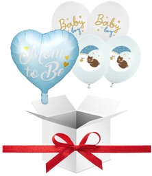 Balony z HELEM na Baby Shower ''Mom to be, baby boy'' niebieski + Pudełko prezentowe 50x50x50cm + karteczka z Twoimi życzeniami