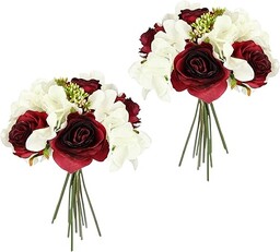 Flair Flower Sztuczny bukiet róż z hortensjami, bukiet sztucznych kwiatów, bukiet, jedwabne kwiaty, bukiet kwiatów, bukiet hortensji, sztuczne kwiaty, wesele, czerwone wino/białe