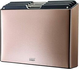 Joseph Joseph Folio 4-częściowy zestaw kolorowych desek do krojenia, z etui ze stali nierdzewnej do zorganizowanego przechowywania w kuchni - duży, Czarny/Różowe złoto