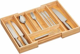 Relaxdays Pojemnik na sztućce wysuwany, bambus, wys. x gł.: 5 x 29-47,5 x 35,5 cm, 4-6 przegródek, wkład na sztućce do szuflad, naturalny